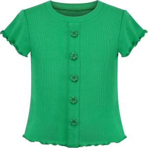 Sunny Fashion Girls T-Shirt Crop Top Brown Lettuce Trim Ribbed Knit Button Casual(Green)