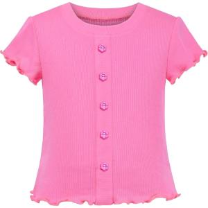 Sunny Fashion Girls T-Shirt Crop Top Brown Lettuce Trim Ribbed Knit Button Casual(Pink)