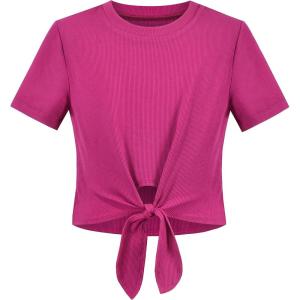 Sunny Fashion Girls T-Shirt Crop Top Brown Lettuce Trim Ribbed Knit Button Casual(Pinkish Purple)