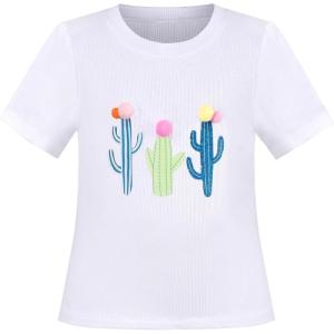 Sunny Fashion Girls T-Shirt Crop Top Brown Lettuce Trim Ribbed Knit Button Casual(White)