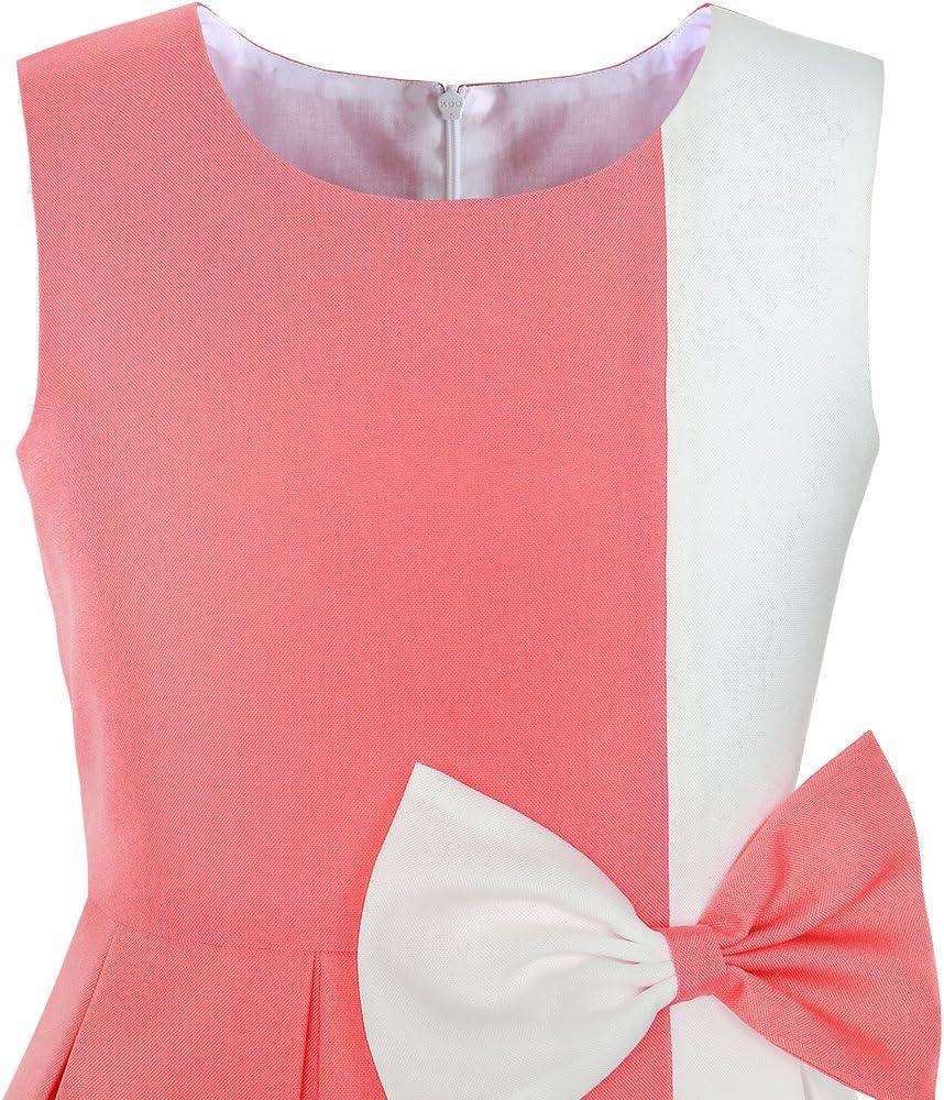 imageSunny Fashion Girls Dress Color Block Contrast Bow Tie Everyday Party Size 414Coral Red