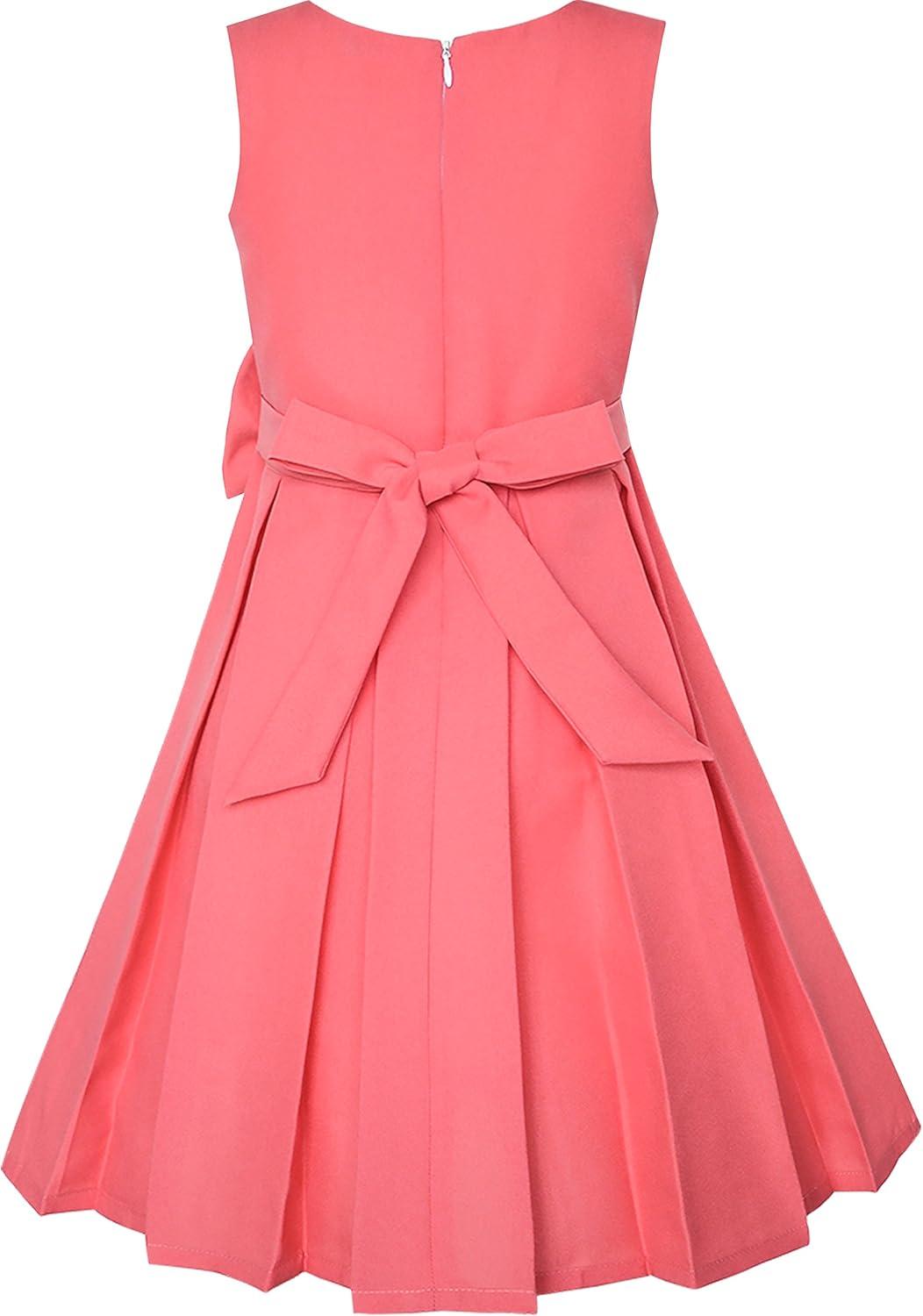 imageSunny Fashion Girls Dress Color Block Contrast Bow Tie Everyday Party Size 414Coral Red