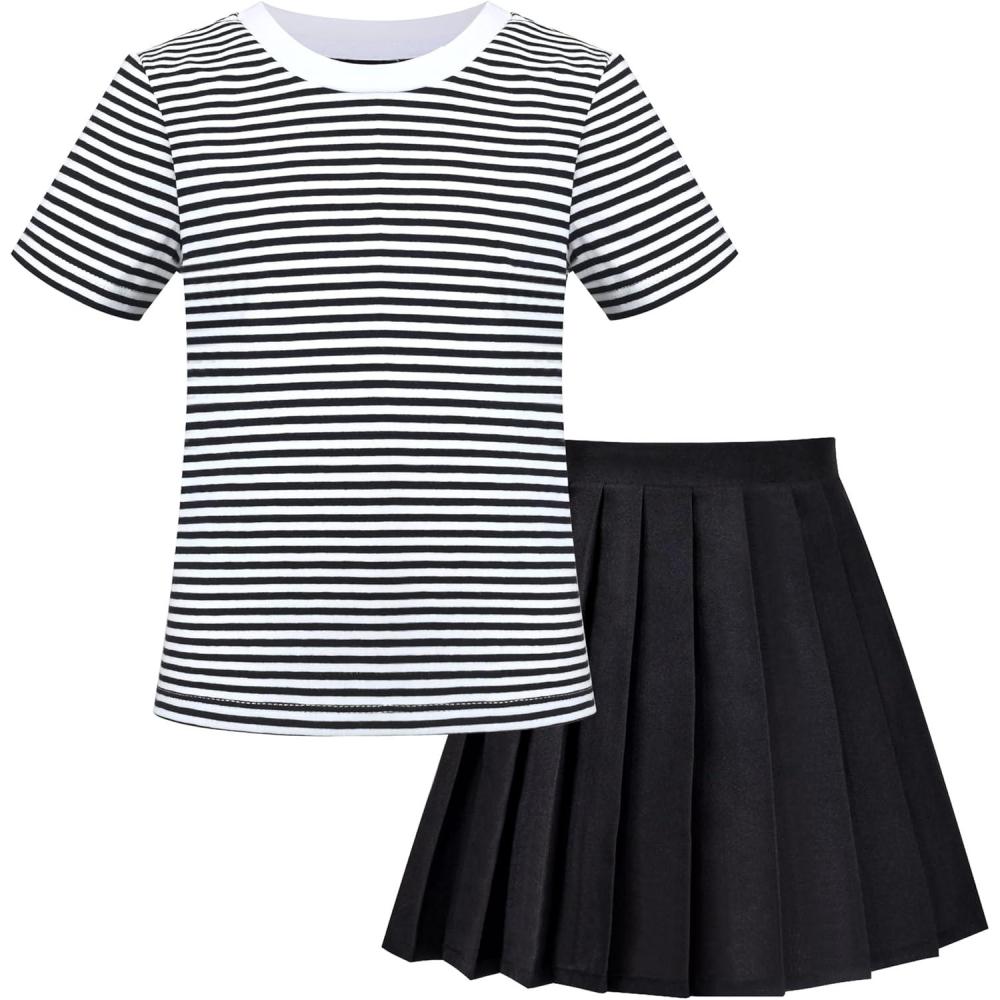 imageSunny Fashion Girls 2 Piece Set Skirt TShirt Crop RibKnit Plaid Casual SchoolBlack Striped