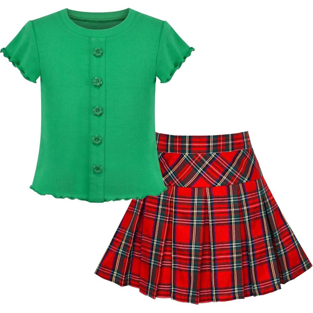 imageSunny Fashion Girls 2 Piece Set Skirt TShirt Crop RibKnit Plaid Casual SchoolGreen Red