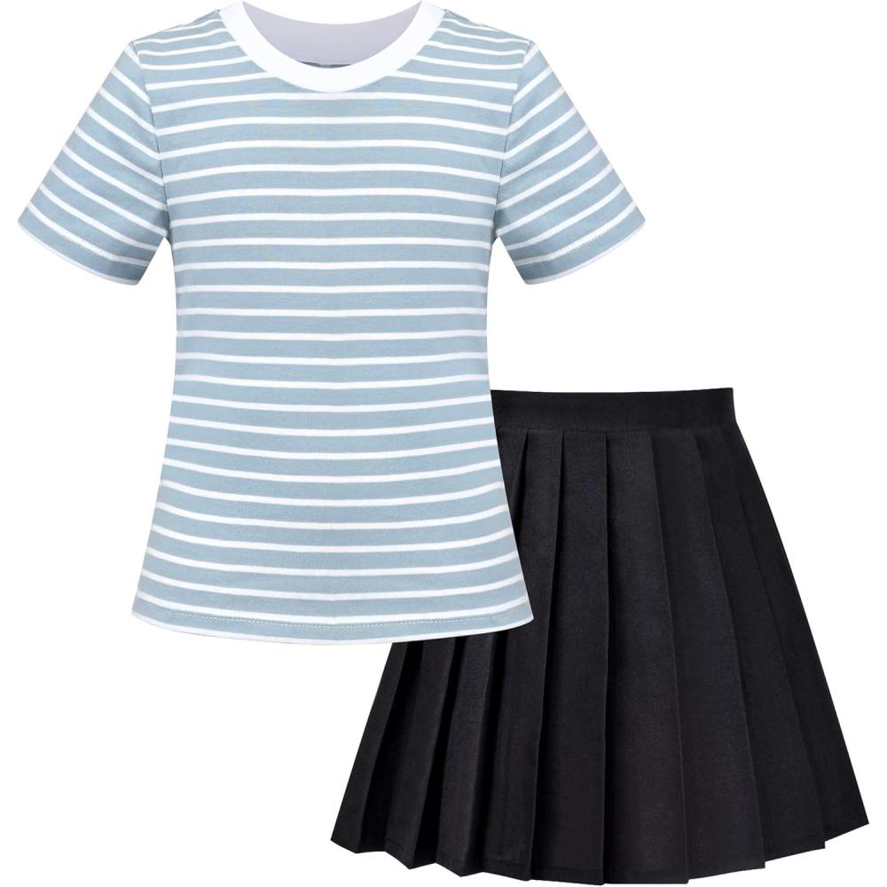 imageSunny Fashion Girls 2 Piece Set Skirt TShirt Crop RibKnit Plaid Casual SchoolLight Blue