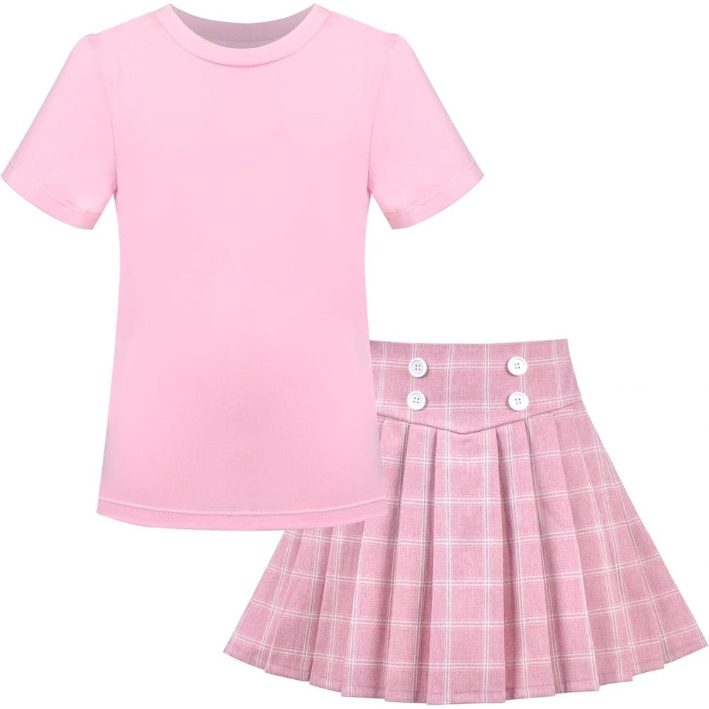 imageSunny Fashion Girls 2 Piece Set Skirt TShirt Crop RibKnit Plaid Casual SchoolLight Pink