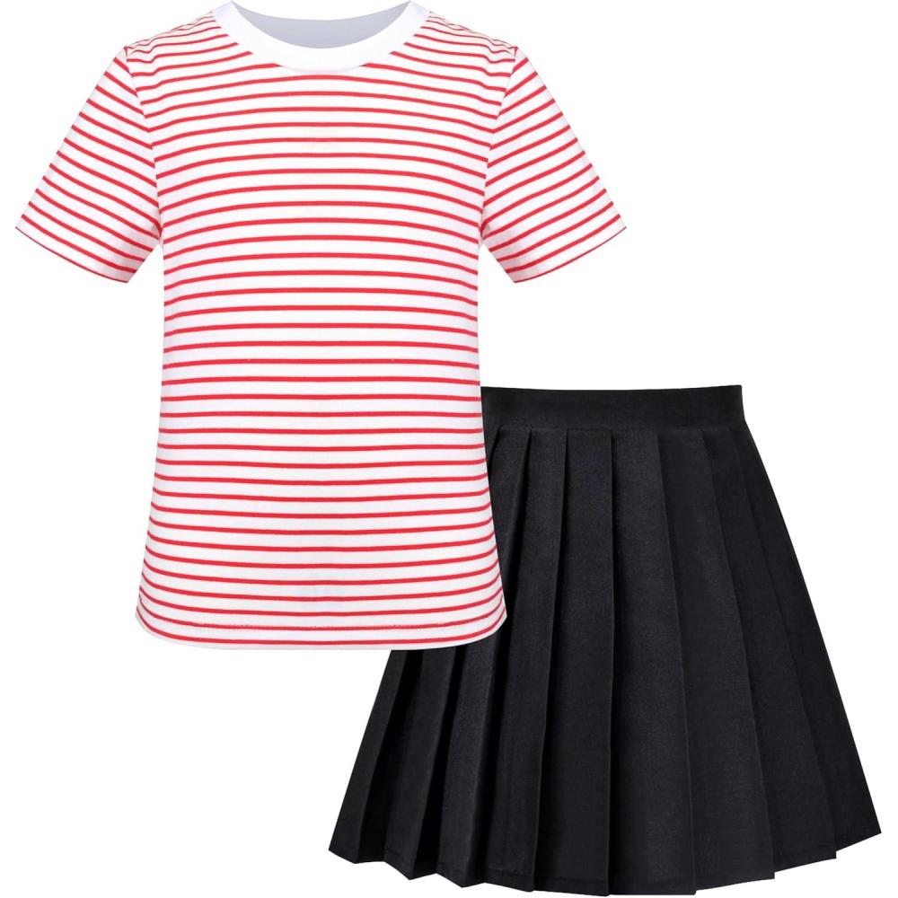 imageSunny Fashion Girls 2 Piece Set Skirt TShirt Crop RibKnit Plaid Casual SchoolRed Striped