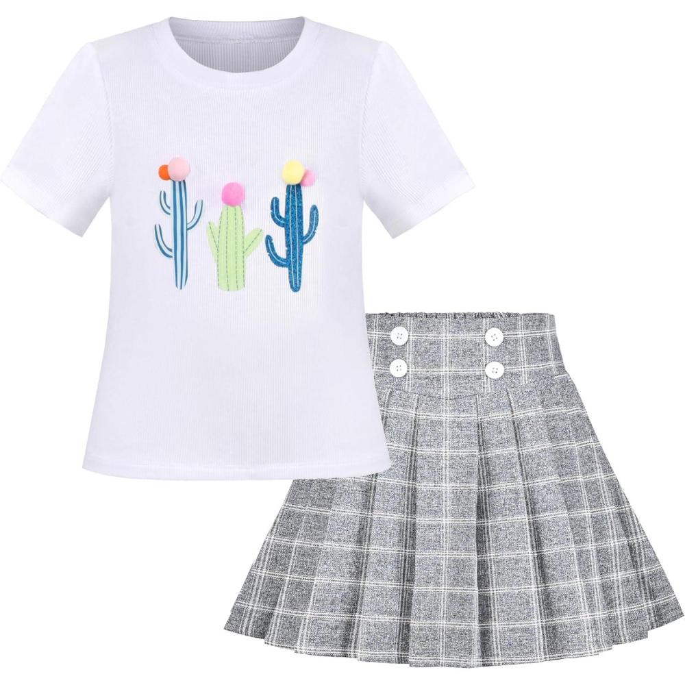 imageSunny Fashion Girls 2 Piece Set Skirt TShirt Crop RibKnit Plaid Casual SchoolWhite Gray