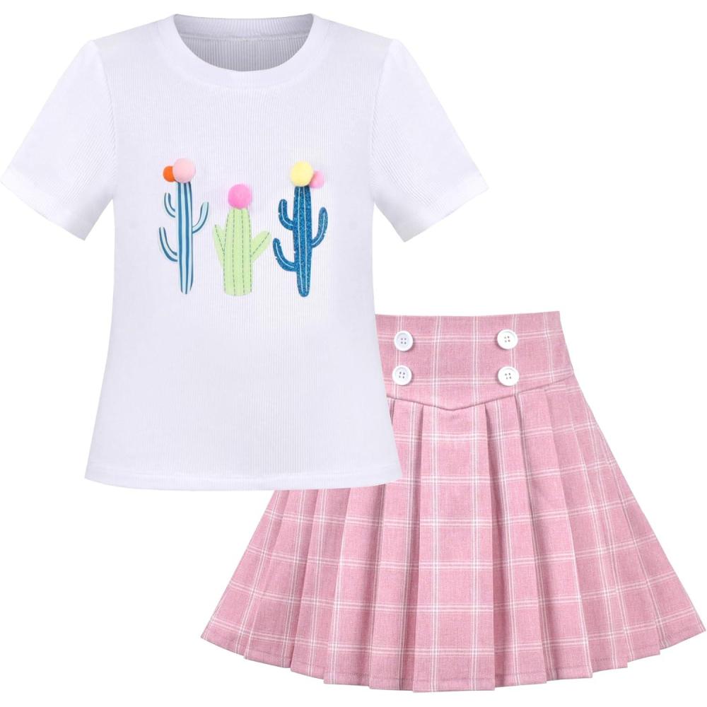imageSunny Fashion Girls 2 Piece Set Skirt TShirt Crop RibKnit Plaid Casual SchoolWhite Pink