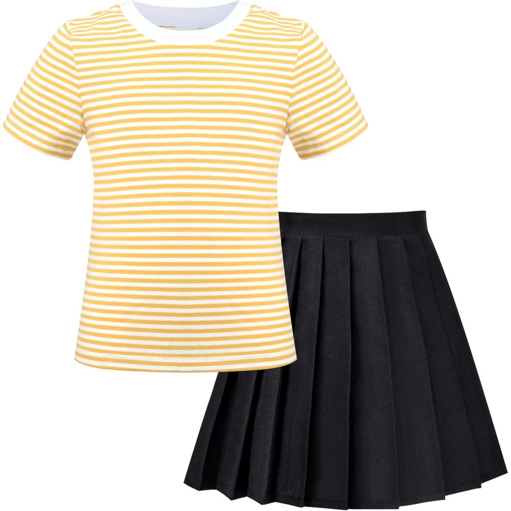 imageSunny Fashion Girls 2 Piece Set Skirt TShirt Crop RibKnit Plaid Casual SchoolYellow Striped