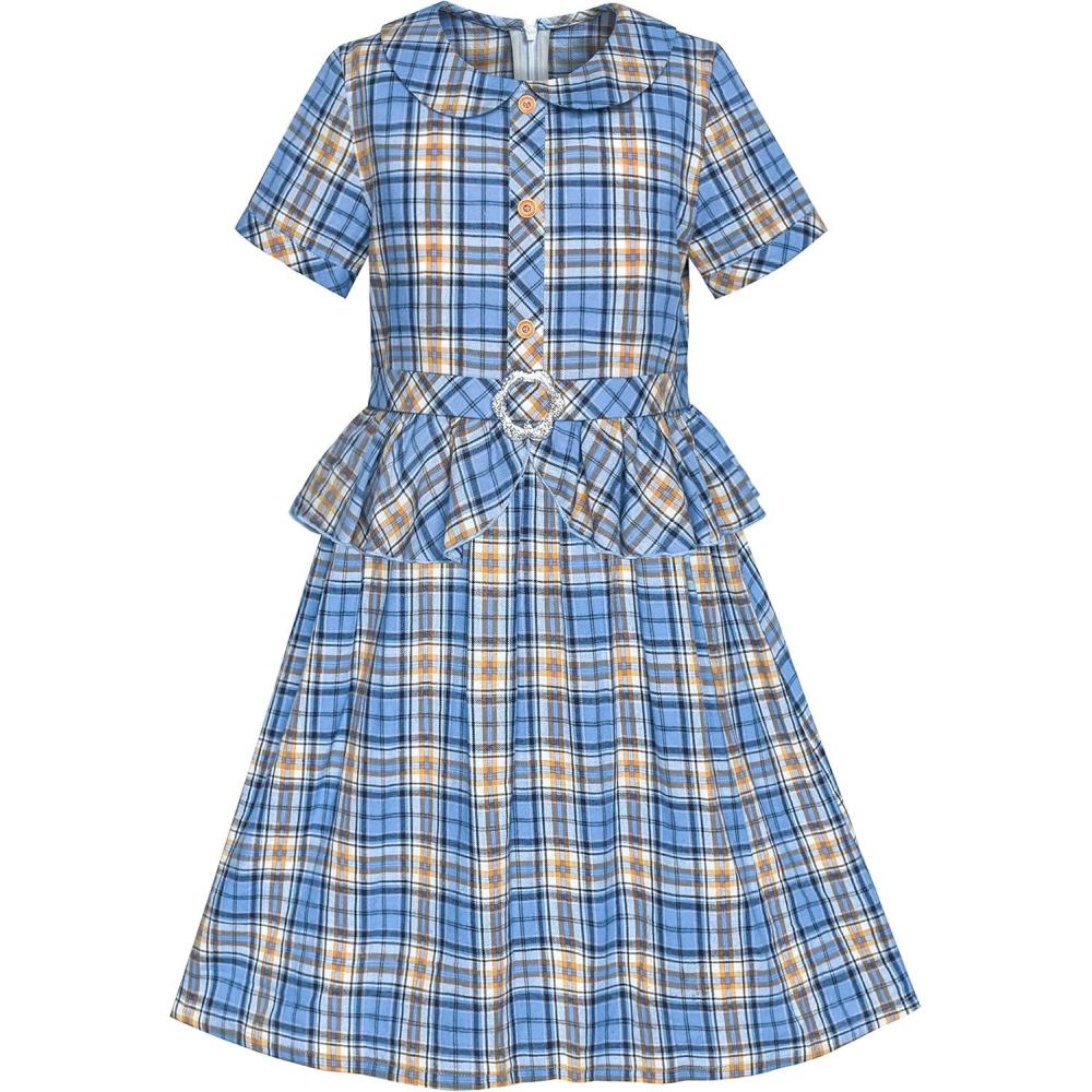 imageSunny Fashion Girls Dress 2in1 Blue Tartan School Uniform Pleated Hem Belted