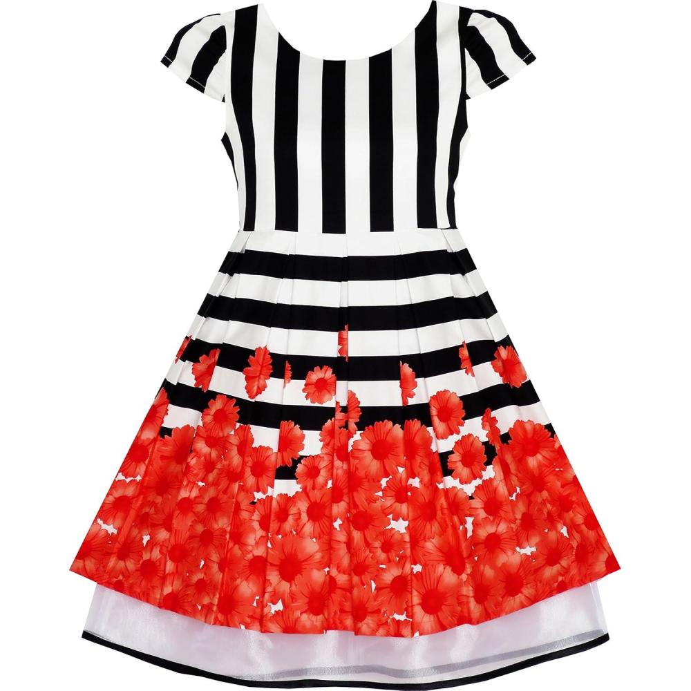 imageSunny Fashion Girls Dress Black White Striped Red Flower Organza Hem Party 714