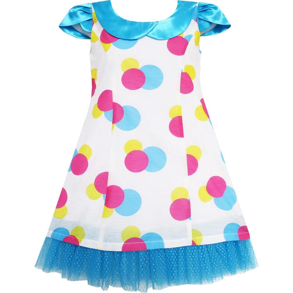 imageSunny Fashion Girls Dress Blue TurnDown Collar Lace Trim Polka Dot Size 410