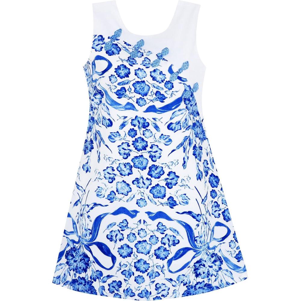 imageSunny Fashion Girls Dress Blue White Porcelain Floral Printed Pageant Holiday