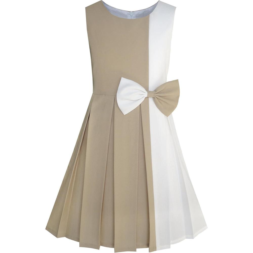 imageSunny Fashion Girls Dress Color Block Contrast Bow Tie Everyday Party Size 414Beige
