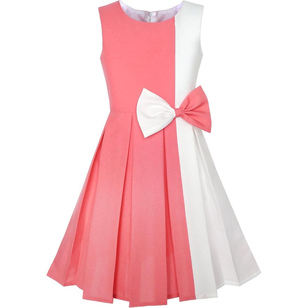 imageSunny Fashion Girls Dress Color Block Contrast Bow Tie Everyday Party Size 414Coral Red