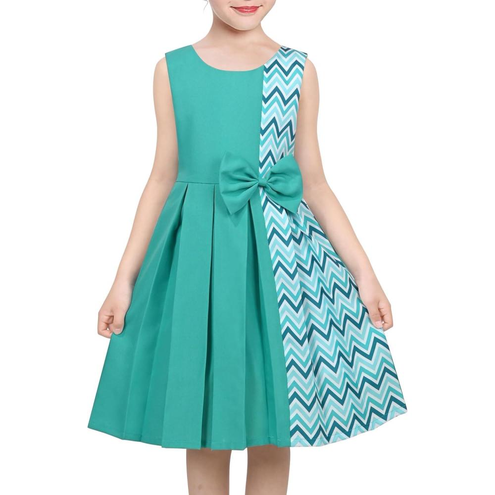imageSunny Fashion Girls Dress Color Block Contrast Bow Tie Everyday Party Size 414Green Chevron