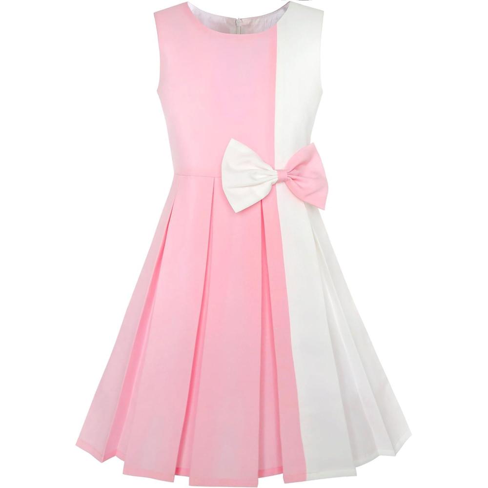 imageSunny Fashion Girls Dress Color Block Contrast Bow Tie Everyday Party Size 414Pink
