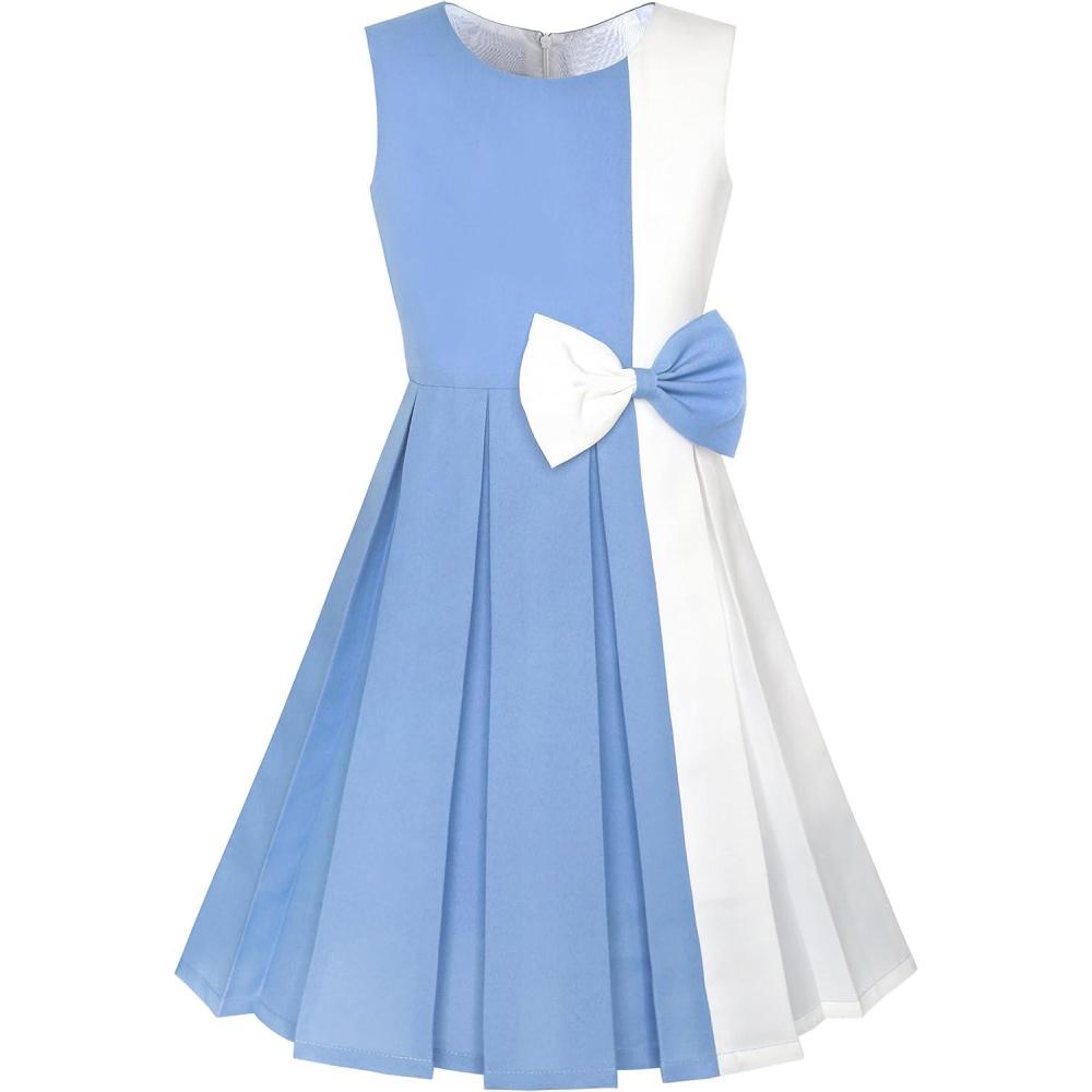 imageSunny Fashion Girls Dress Color Block Contrast Bow Tie Everyday Party Size 414Sky Blue