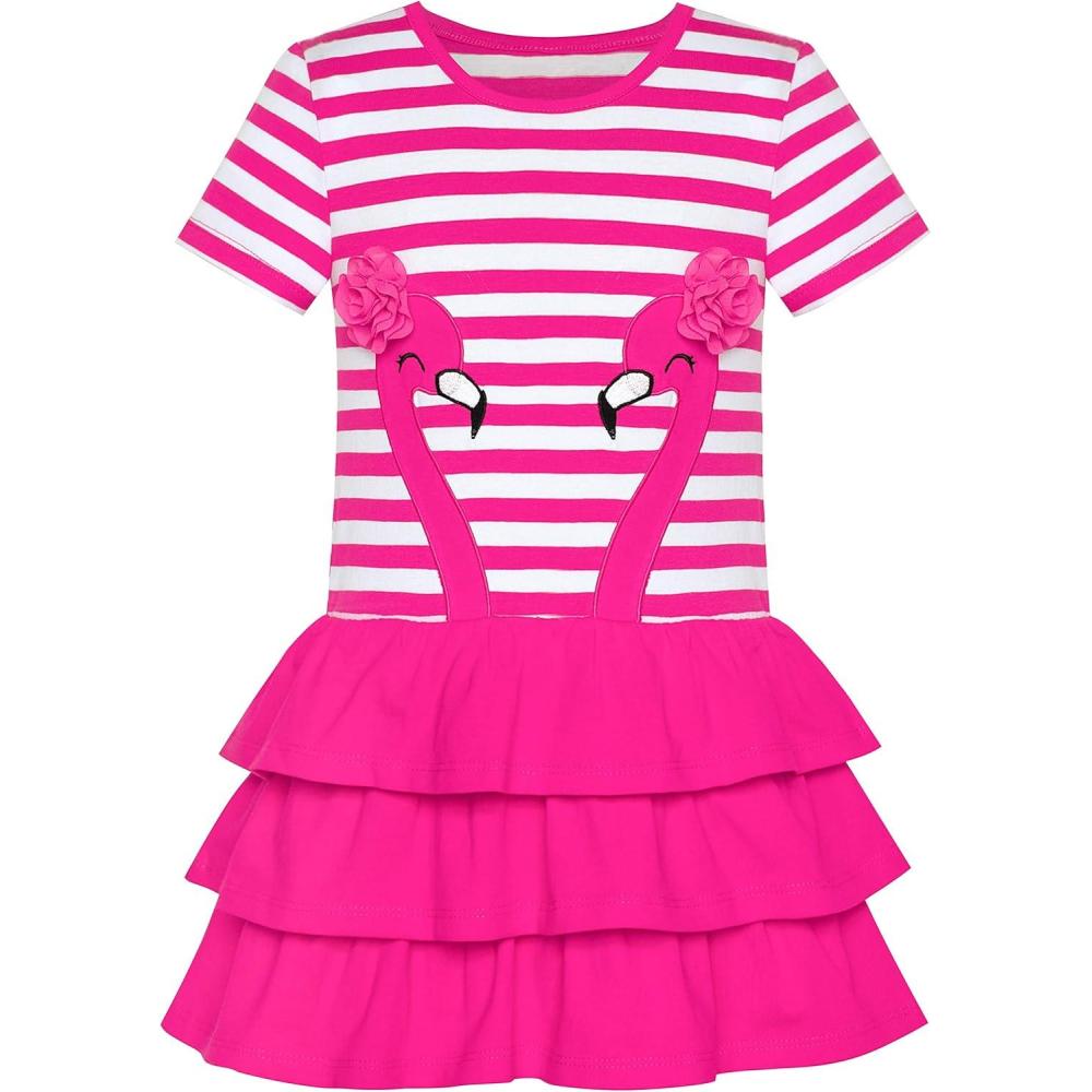 imageSunny Fashion Girls Dress Cotton Short Sleeve Casual Embroidered Bird Flower