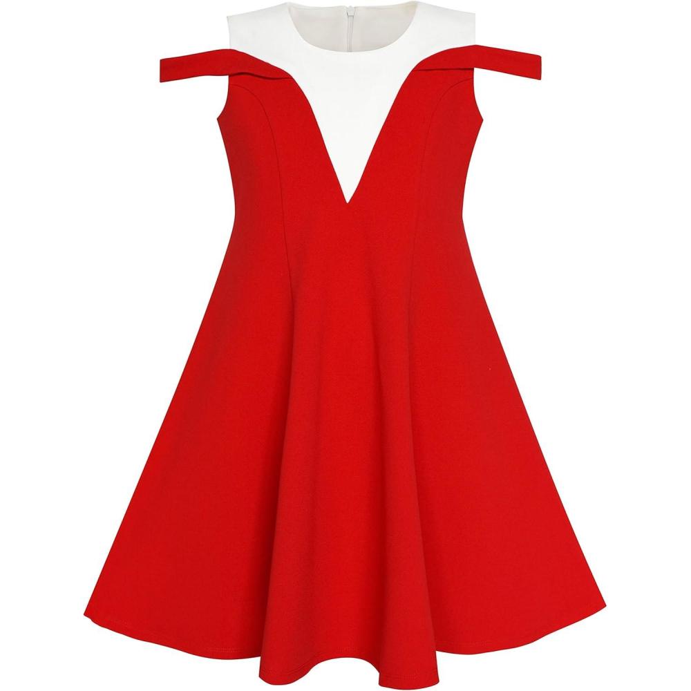 imageSunny Fashion Girls Dress Red White Cold Shoulder Color Contrast HolidayRed