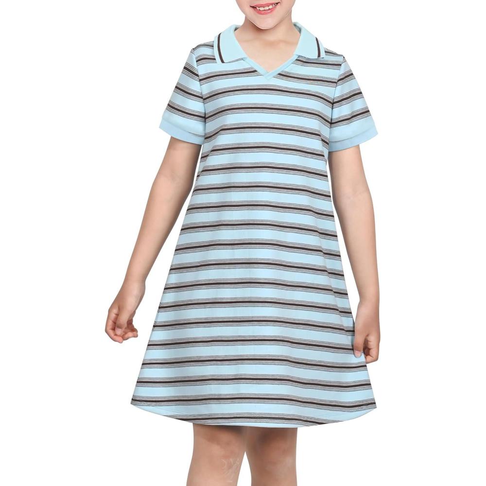 imageSunny Fashion Girls Dress TShirt Basic Vintage Loose Straight Casual SchoolBlue Striped
