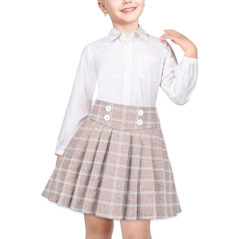 imageSunny Fashion Girls Outfit Set 2 Piece White Shirt Black Pleated Skirt SchoolBeige Skirt Set