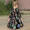 Sunny Fashion Girls Dress Satin Butterfly Hydrangea Flower Printed Size 5-12(Black)