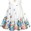 Sunny Fashion Girls Dress Satin Butterfly Hydrangea Flower Printed Size 5-12(White and Blue)