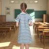 Sunny Fashion Girls Dress T-Shirt Basic Vintage Loose Straight Casual School(Blue Striped)