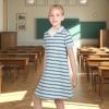 Sunny Fashion Girls Dress T-Shirt Basic Vintage Loose Straight Casual School(Blue Striped)