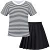 Sunny Fashion Girls 2 Piece Set Skirt T-Shirt Crop Rib-Knit Plaid Casual School(Black Striped)