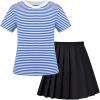 Sunny Fashion Girls 2 Piece Set Skirt T-Shirt Crop Rib-Knit Plaid Casual School(Blue Striped)