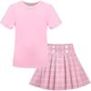 Sunny Fashion Girls 2 Piece Set Skirt T-Shirt Crop Rib-Knit Plaid Casual School(Light Pink)