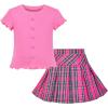 Sunny Fashion Girls 2 Piece Set Skirt T-Shirt Crop Rib-Knit Plaid Casual School(Pink)