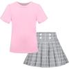 Sunny Fashion Girls 2 Piece Set Skirt T-Shirt Crop Rib-Knit Plaid Casual School(Pink Gray)
