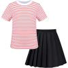 Sunny Fashion Girls 2 Piece Set Skirt T-Shirt Crop Rib-Knit Plaid Casual School(Red Striped)