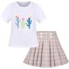 Sunny Fashion Girls 2 Piece Set Skirt T-Shirt Crop Rib-Knit Plaid Casual School(White Beige)