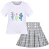 Sunny Fashion Girls 2 Piece Set Skirt T-Shirt Crop Rib-Knit Plaid Casual School(White Gray)