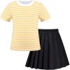 Sunny Fashion Girls 2 Piece Set Skirt T-Shirt Crop Rib-Knit Plaid Casual School(Yellow Striped)