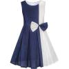 Sunny Fashion Girls Dress Color Block Contrast Bow Tie Everyday Party Size 4-14(Dark Blue)
