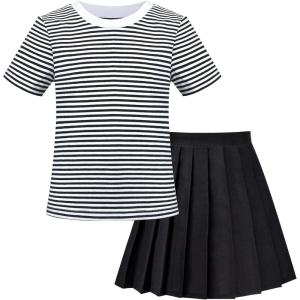Sunny Fashion Girls 2 Piece Set Skirt T-Shirt Crop Rib-Knit Plaid Casual School(Black Striped)