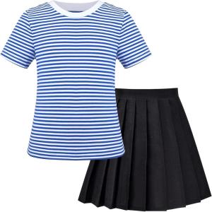 Sunny Fashion Girls 2 Piece Set Skirt T-Shirt Crop Rib-Knit Plaid Casual School(Blue Striped)