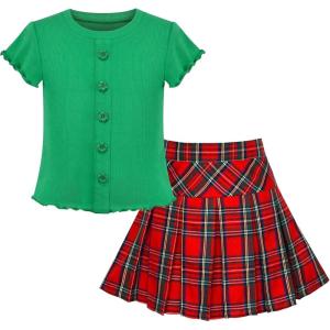 Sunny Fashion Girls 2 Piece Set Skirt T-Shirt Crop Rib-Knit Plaid Casual School(Green Red)