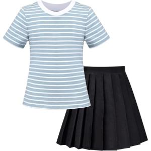 Sunny Fashion Girls 2 Piece Set Skirt T-Shirt Crop Rib-Knit Plaid Casual School(Light Blue)