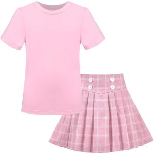 Sunny Fashion Girls 2 Piece Set Skirt T-Shirt Crop Rib-Knit Plaid Casual School(Light Pink)