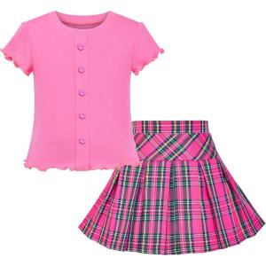 Sunny Fashion Girls 2 Piece Set Skirt T-Shirt Crop Rib-Knit Plaid Casual School(Pink)