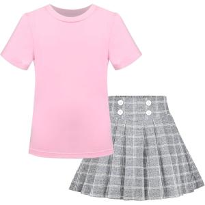 Sunny Fashion Girls 2 Piece Set Skirt T-Shirt Crop Rib-Knit Plaid Casual School(Pink Gray)