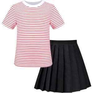 Sunny Fashion Girls 2 Piece Set Skirt T-Shirt Crop Rib-Knit Plaid Casual School(Red Striped)