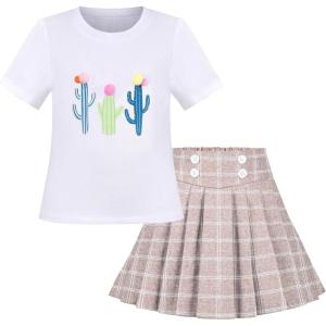 Sunny Fashion Girls 2 Piece Set Skirt T-Shirt Crop Rib-Knit Plaid Casual School(White Beige)